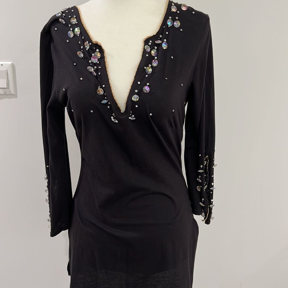 Black Jeweled Beaded V-Neck Long Sleeve Evening Top Small